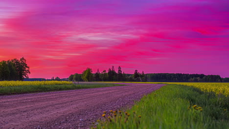 Timelapse-shot-of-colorful-sky-with-above-rapeseed-field-on-both-sides-of-a-gravel-pathway-during-morning-time
