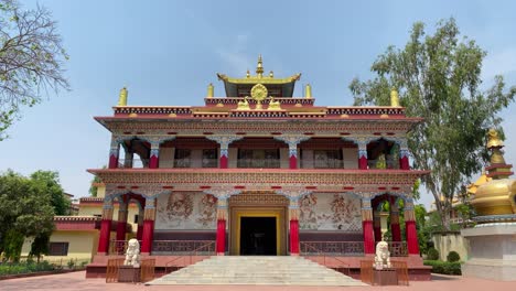 Timelapse-of-Tibetan-Karma-Kagyu-Temple-near-Mahabodhi-Temple-in-Bodh-Gaya,-Bihar-state-of-India