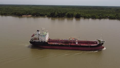 Aerial-View-of-Large-Tanker-Sailing-With-Oil-on-the-Amazon-River