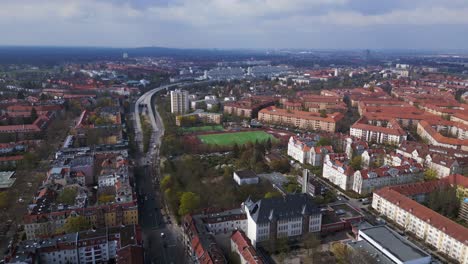 Majestic-aerial-top-view-flight-Berlin-City-Soccer-football-field,-district-Steglitz-Germany