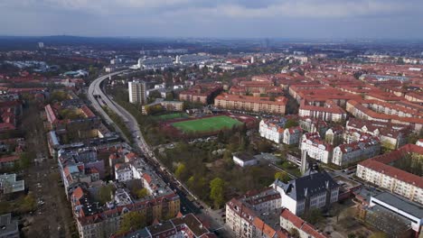 Fantastic-aerial-top-view-flight-Berlin-City-Soccer-football-field,-district-Steglitz-Germany