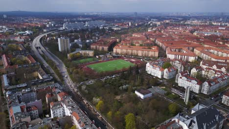 Perfect-aerial-top-view-flight-Berlin-City-Soccer-football-field,-district-Steglitz-Germany