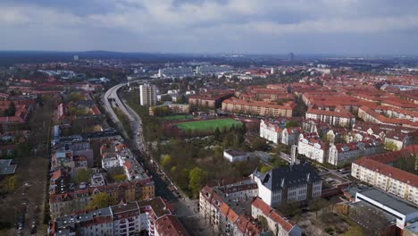 Gorgeous-aerial-top-view-flight-Berlin-City-Soccer-football-field,-district-Steglitz-Germany