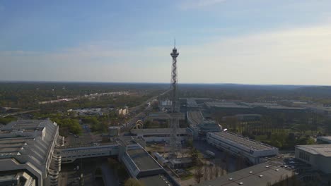 Beautiful-aerial-top-view-flight-Berlin-City-Radio-Tower-and-Exhibition-Grounds