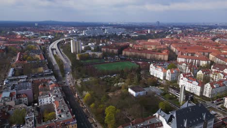 Best-aerial-top-view-flight-Berlin-City-Soccer-football-field,-district-Steglitz-Germany