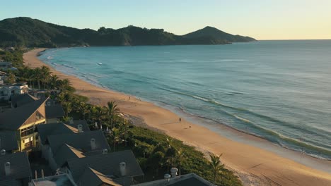 Aerial-view-of-Mariscal-Beach-sunrise,-on-of-the-most-beautiful-brazilian-beaches