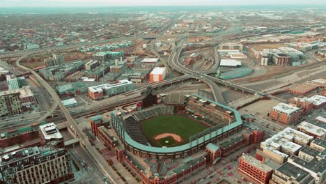 Aerial-drone-view-of-Coors-Field,-in-Denver-Colorado-during-sunset