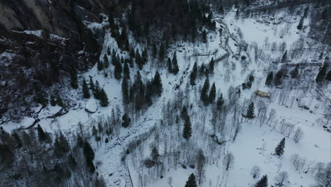 Luftaufnahme-Aus-Der-Vogelperspektive-über-Die-Schneebedeckte-Landschaft-Im-Val-Di-Mello-Talwald-Mit-Langsamer-Neigung-Nach-Oben