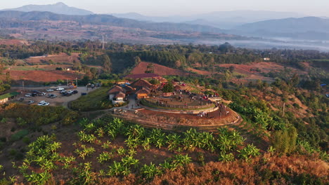 Aerial-Shot-of-Yun-Lai-Viewpoint-at-Sunrise-in-Pai,-Thailand