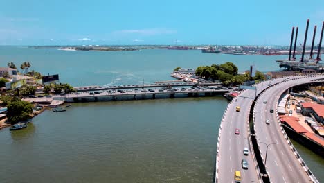 Ikoyi-Victoria-Island,-Lagos-Nigeria--April-10-2023:-Cityscape-of-Ikoyi-along-a-dual-carriage-bridge