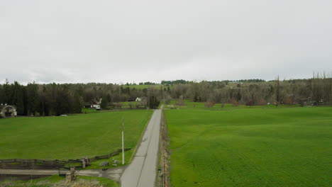 Fast-aerial-shot-of-long-thin-country-road-with-green-grassy-farm-fields-on-either-side