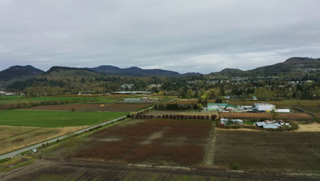 Rows-in-farm-field-with-distant-building-under-cloudy-skies-near-mountain-foothills