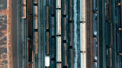 Aerial-shot-of-trains-parked-in-train-yard