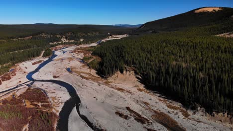 Natürliche,-Isolierte-Grüne-Waldlandschaft,-In-Der-Ein-Fluss-In-Nordegg,-Kanada,-Fließt