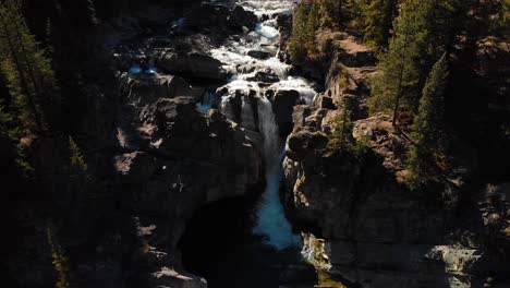 Scenic-waterfall-flowing-through-Ram-river-at-beautiful-daylight-seen-by-above-in-Alberta