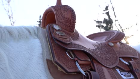 Close-view-of-a-leather-horse-saddle
