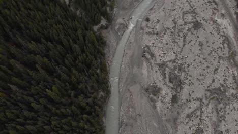 Establishing-aerial-shot-of-a-mountain-dried-creek-surrounded-by-a-pine-tree-forest,-tilt-up,-conservation-concept
