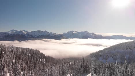 Drone-shot-of-a-sunny-day-on-the-National-Park-of-Revelstoke-in-Canada-in-wintertime