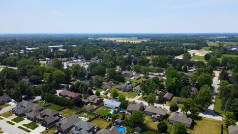 Drone-flying-over-houses-and-trees-on-a-sunny-day-in-a-small-town-near-London,-Ontario