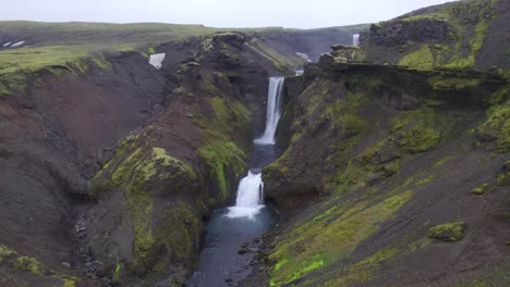 Aerial-at-the-famous-natural-landmark-and-tourist-attraction-of-Skogafoss-falls-and-Fimmvorduhals-trail-in-Iceland