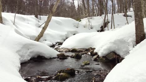 Verschneite-Landschaft-Mit-Fließendem-Bach-Im-Wald-In-Der-Nähe-Von-Huntsville,-Muskoka-Region,-Ontario,-Kanada