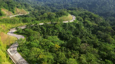 Winding-road-through-tropical-jungle-forest-on-mountain-ridgeline,-aerial