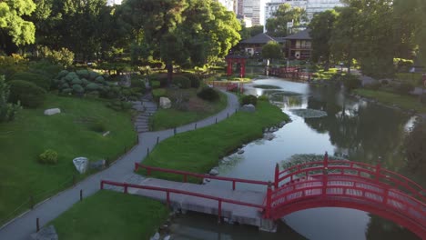 Drone-low-flight-over-pond-of-Japanese-Garden-Park-in-Buenos-Aires-at-sunset