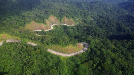 Winding-snaky-road-cuts-through-tropical-jungle-mountainside,-aerial-orbit
