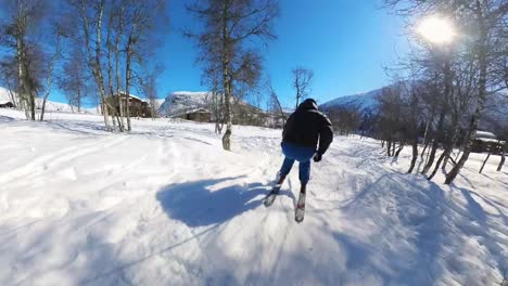 Offpiste-skier-skiing-fast-in-between-many-birch-trees-at-sunny-winter-day-in-Myrkdalen-Norway