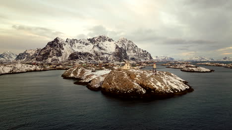 Henningsvaer-or-Henningsvær-lighthouse-of-Lofoten-islands-in-Norway-in-winter-season