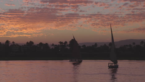 Felucca-boats-sailing-down-the-Nile-River-at-sunset,-Egypt