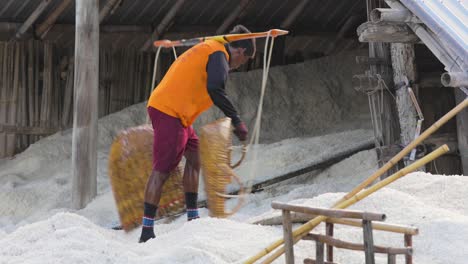 Farmer-Collecting-Sea-Salt-with-Wooden-Scoop-Empties-onto-a-Pile-for-Collection-Thailand