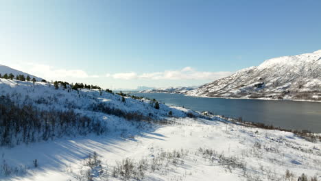 Vogelperspektive-Auf-Die-Schneebedeckten-Berge-Und-Die-Landschaft-Der-Lofoten-Mit-Fjord-Und-Blauem-Himmel