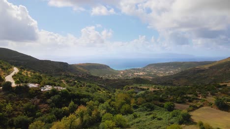 Overview-of-greek-countryside,-mountains-and-bay