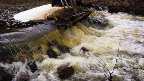 Shallow-muddy-river-flows-over-rocks-making-waterfall-in-early-spring,-pan-right
