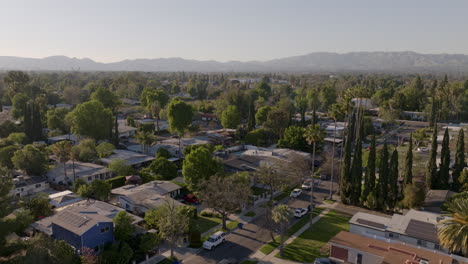 Aerial-dolly-over-suburban-neighborhood-in-Los-Angeles,-streets-lined-with-palm-trees