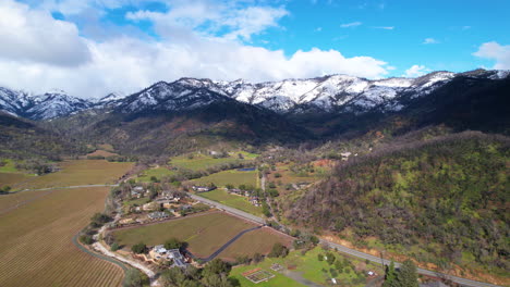 Aerial-Pull-back-flying-over-Napa-Valley-vineyards-and-showing-snow-white-mountains