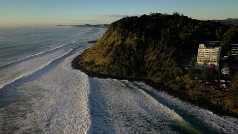 Early-morning-rising-aerial-over-Burleigh-Heads,-Gold-Coast,-Australia