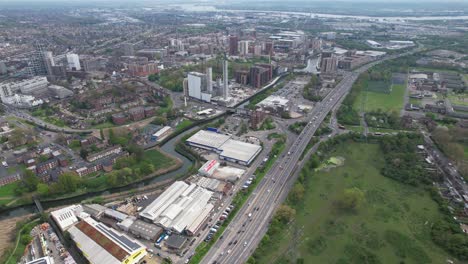HIgh-angle-drone-aerial-view-North-circular-road-A406-Stratford-London-UK