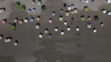 Aerial-shot-of-beach-umbrellas-in-the-sand
