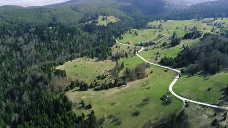 Imágenes-De-Drones-De-La-Carretera-De-Montaña-Con-Coche-Y-El-Bosque-De-Pinos-Verdes