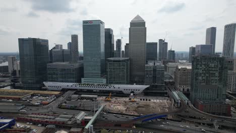 Canary-Wharf-skyscrapers-financial-district-London-UK-drone-aerial-view
