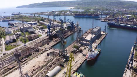 Shipyard-in-Varna-with-drone,-Bulgaria