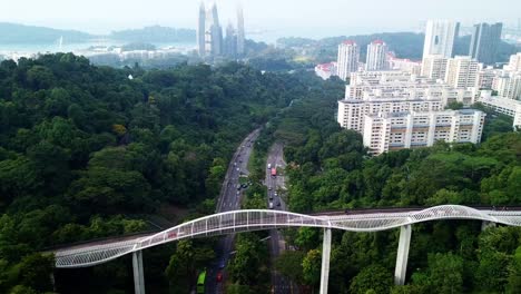 Dolly-in-pedestal-down-drone-shot-of-a-highway-under-the-Henderson-Waves-Bridge-in-Singapore