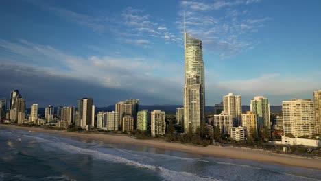 Aerial-of-Surfers-Paradise-skyline-viewed-from-over-the-ocean,-Gold-Coast,-Queensland,-Australia-20230502