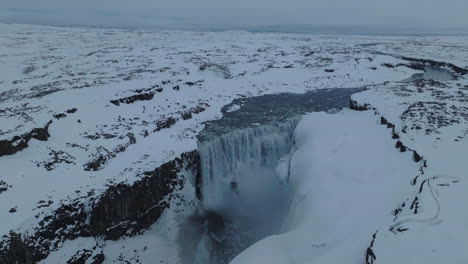 Aerial-View-of-Dettifoss-Waterfall,-Iceland-in-Cold-Winter-Landscape,-Drone-Shot