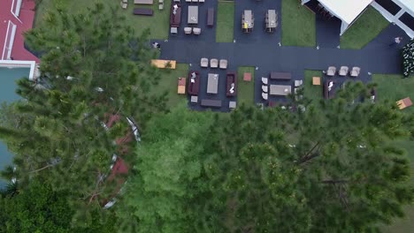 Top-down-aerial-of-wedding-preparations-for-outdoor-reception