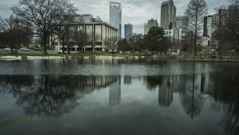 A-pan-up-view-of-the-skyline-from-Marshall-Park-in-Charlotte,-USA