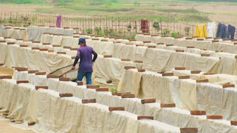 Asian-man-navigates-old-wheelbarrow-in-row-of-bricks,-in-brick-factory