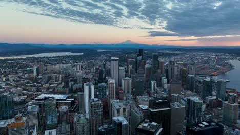 Wide-drone-shot,-Seattle-downtown,-Sunset